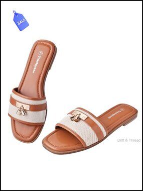Women's Square Open Toe Slip On Slide Sandals Comfortable Flat